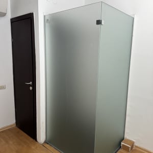 תא מקלחון זכוכית בחדר עם רצפת עץ