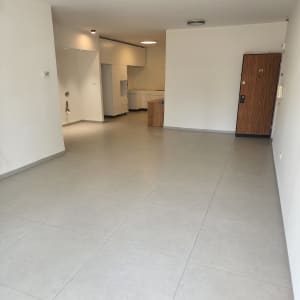 רצפה נקייה בחדר ריק עם דלת עץ