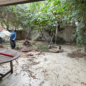 אנשים עובדים בגינה עם מפוח עלים וכלי גינון