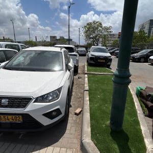 מכוניות חונות ליד דשא סינתטי בעבודות גינון