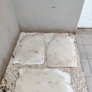 אבנים גדולות על חצץ בגינה קטנה