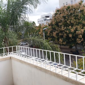 מעקה מתכת לבן על מרפסת עם צמחייה ברקע