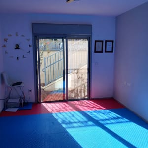 תריסים סגורים על דלת זכוכית בחדר מואר