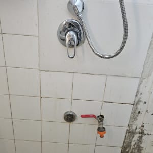 ברזים ומקלחת על קיר אריחים לבנים