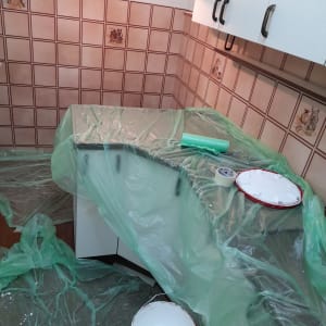 פחית צבע לבן, רולר ומכחול על משטח מכוסה בניילון