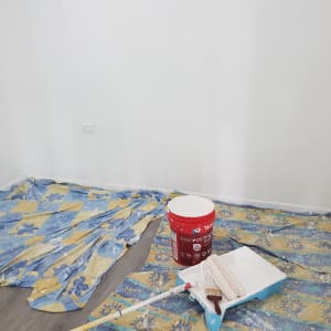 דלי צבע, רולר ומברשת על יריעת בד