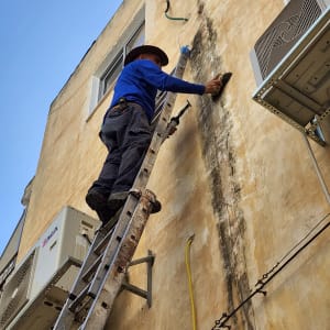 אדם על סולם צובע קיר חיצוני של בניין