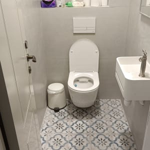 שירותים עם אסלה, כיור קטן, ופח אשפה לבן