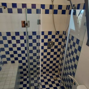 מקלחון עם אריחים כחולים ולבנים ודלת זכוכית