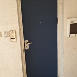דלת כניסה מחופה בציפוי כחול כהה עם ידית נירוסטה