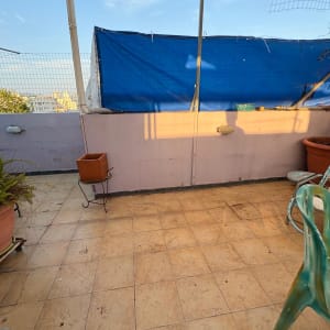 מרפסת עם עציצים וכיסאות, ללא אנשים או טקסט.