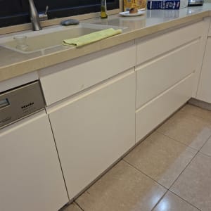 מטבח עם כיור, מגבת, ומכשירי חשמל על השיש