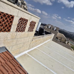 גג אטום עם קווים לבנים, בניינים ברקע