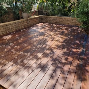 דק עץ בגינה עם צמחייה מסביב