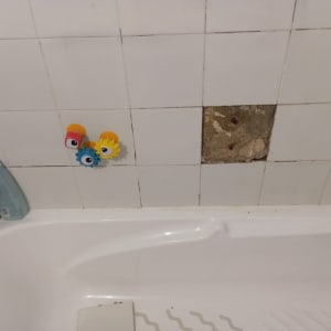חדר אמבטיה עם אריח חסר בקיר