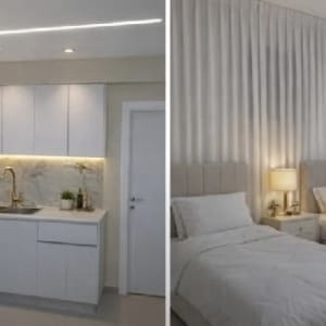 מטבח וחדר שינה לאחר צביעה ועיצוב מחדש