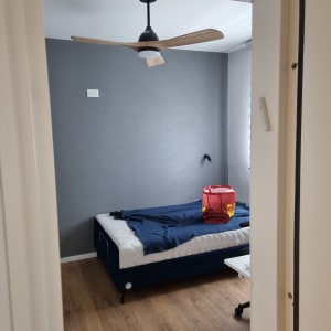 חדר עם קיר צבוע, מאוורר תקרה ומיטה.