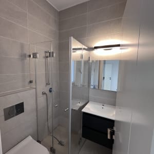 חדר אמבטיה עם מקלחון, כיור ושירותים