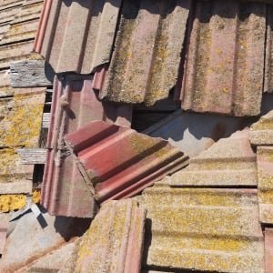 רעפים שבורים עם טחב על גג ישן