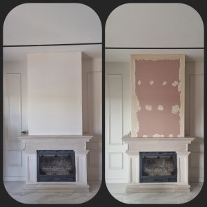 שיפוץ קיר מעל אח עם טיח חשוף