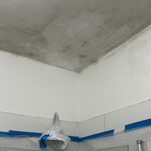 תקרה צבועה חלקית עם סולם ויריעות פלסטיק