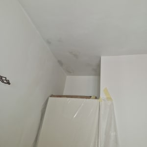 תקרה עם כתמי רטיבות, כיסוי פלסטיק על ארון