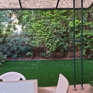 גינה עם דשא מלאכותי וצמחים ירוקים מסביב