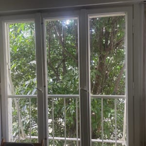 חלון זכוכית עם מסגרת לבנה ועצים בחוץ