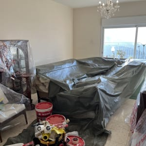 חדר עם רהיטים מכוסים בניילון לצביעת קירות
