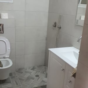 חדר אמבטיה עם מקלחת, כיור ושירותים