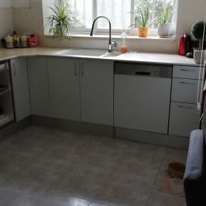 מטבח עם כיור, ברז, מדיח כלים וצמחים על אדן החלון