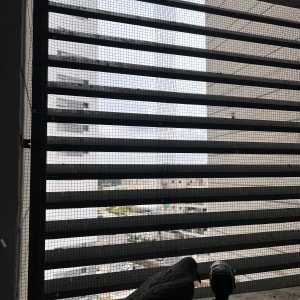 רשת על חלון עם יונה מלאכותית ומקדחה