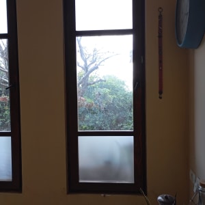 חלון עם זכוכית חלבית ועץ ברקע