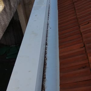 גג רעפים אדומים עם מרזב לבן וכתמי מים