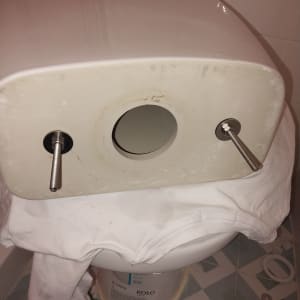 מיכל הדחה מונח על אסלה עם ברגים חשופים