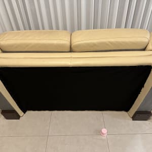 ספה עם בד שחור מאחור, מיכל ורוד על הרצפה