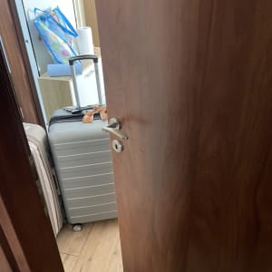 דלת עץ פתוחה חלקית עם ידית מתכת