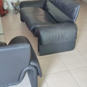 ספות עור מרופדות בצבע כהה על רצפת אריחים