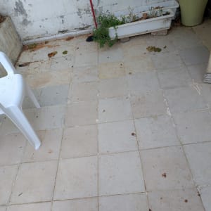 רצפת מרפסת עם עציצים וקיר מתקלף