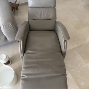 כורסה אפורה עם דלי ומיכל ניקוי על הרצפה