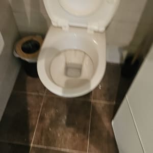 אסלה לבנה בחדר אמבטיה עם רצפת אריחים כהה