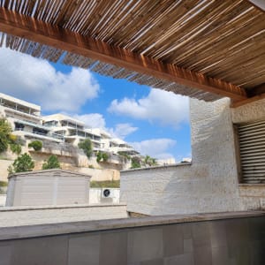 רשת נגד יונים מותקנת על מרפסת עם גג עץ