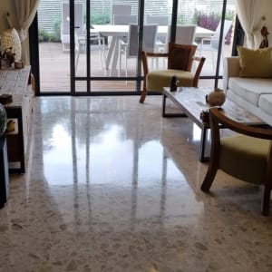 רצפה מבריקה ונקייה בסלון עם חלונות גדולים