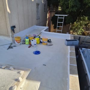 גג עם כלים וחומרים לאיטום, סולם ועצים ברקע