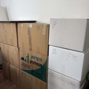 קופסאות קרטון מסודרות עם תוויות כתובות בכתב יד