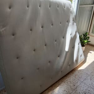 מזרן עומד ליד חלון עם צמח ירוק