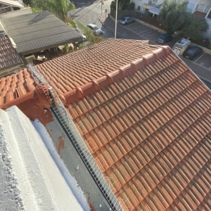 גג רעפים אדומים עם רשת מתכת לאורך הקצה