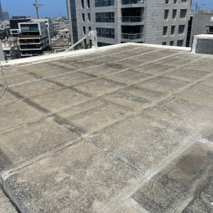 גג בטון עם קווים לאיטום, בניינים ברקע