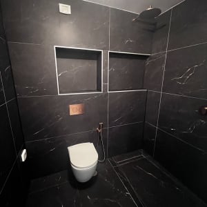 חדר אמבטיה עם קירות כהים, שירותים ומקלחת