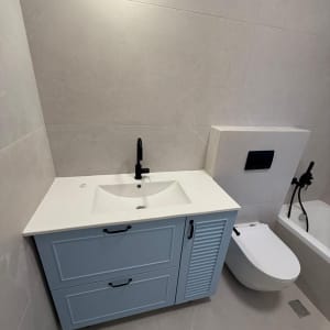 חדר אמבטיה עם כיור, ארון ושירותים